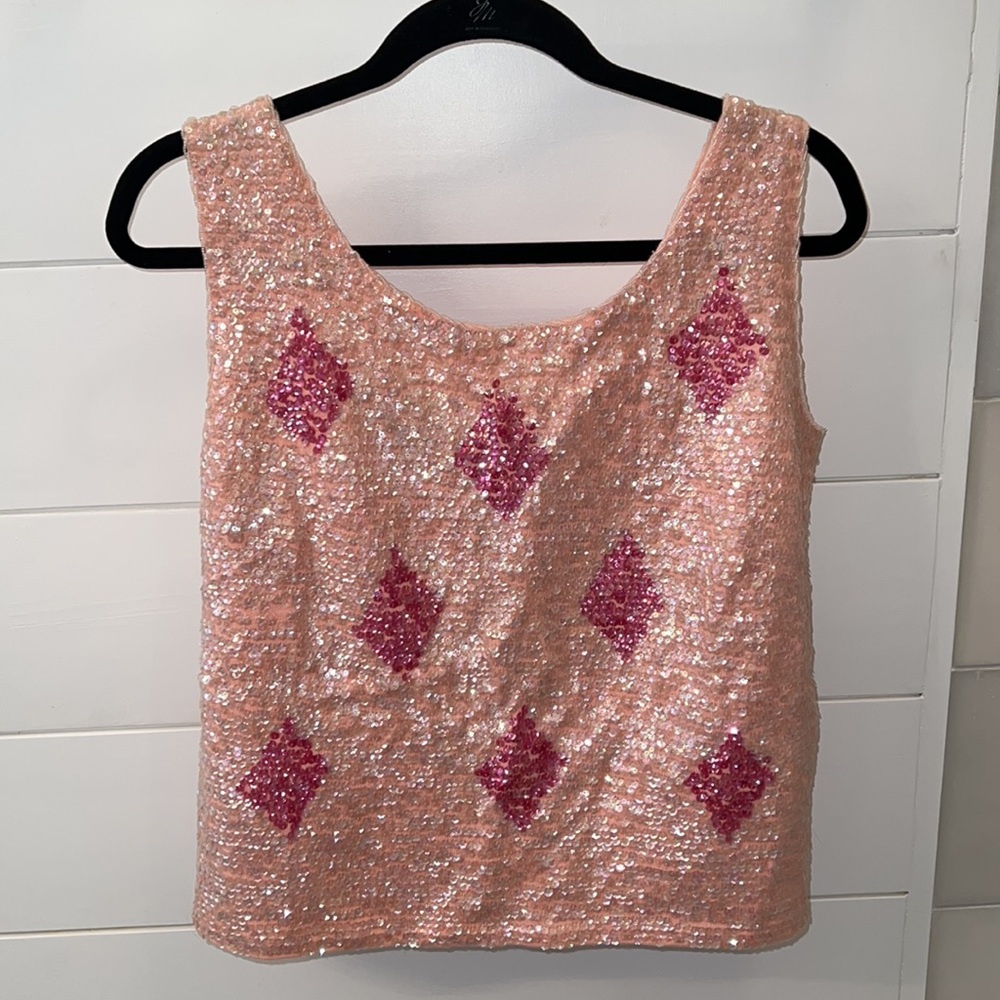 Vintage pink sequin sweater vest, size large Vic and Vic Couture.